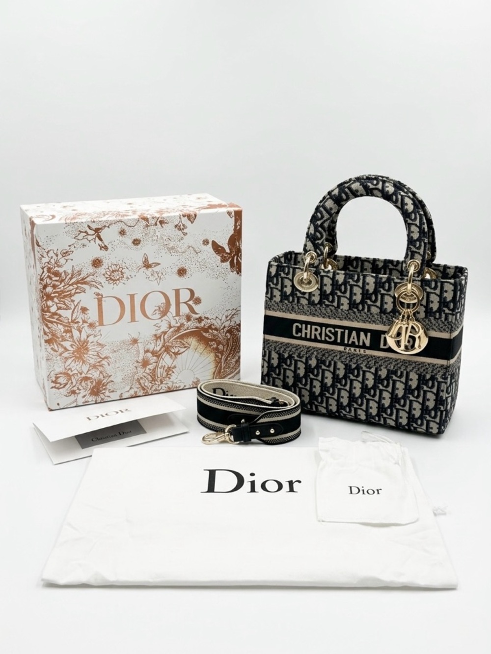Christian Dior Oblique Mini Lady Dior Tote in Black and Beige
